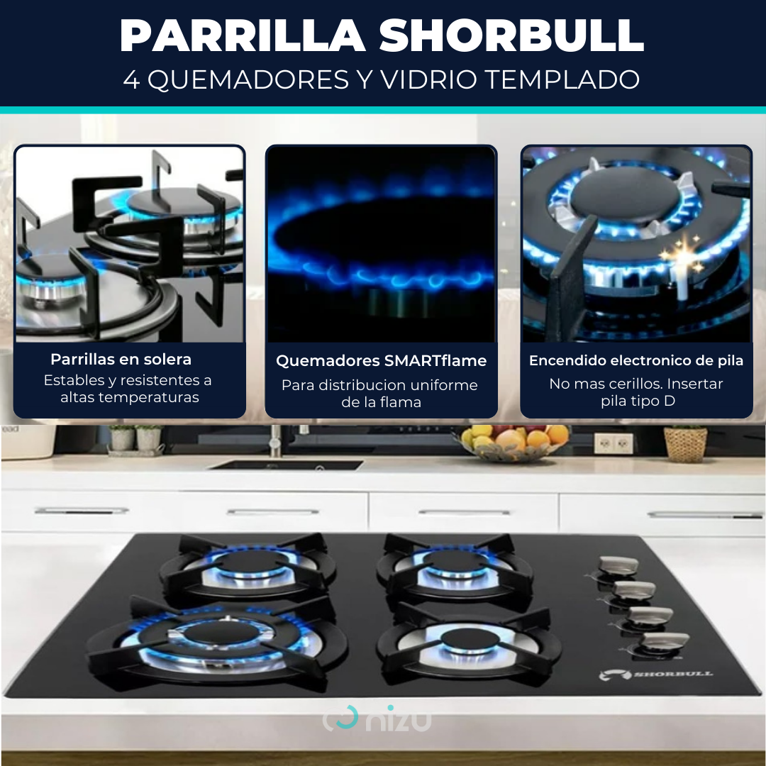 Parrilla 4 quemadores de vidrio Shorbull