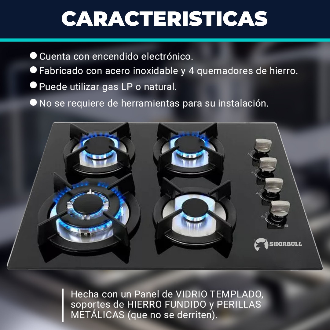 Parrilla 4 quemadores de vidrio Shorbull