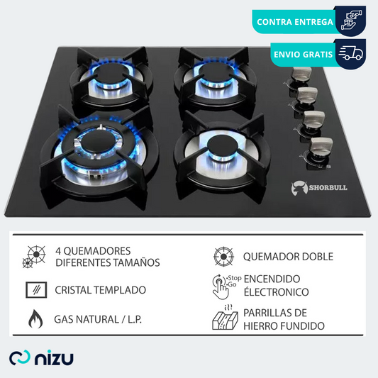 Parrilla 4 quemadores de vidrio Shorbull
