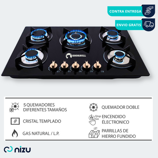 Parrilla 5 Quemadores Vidrio Shorbull