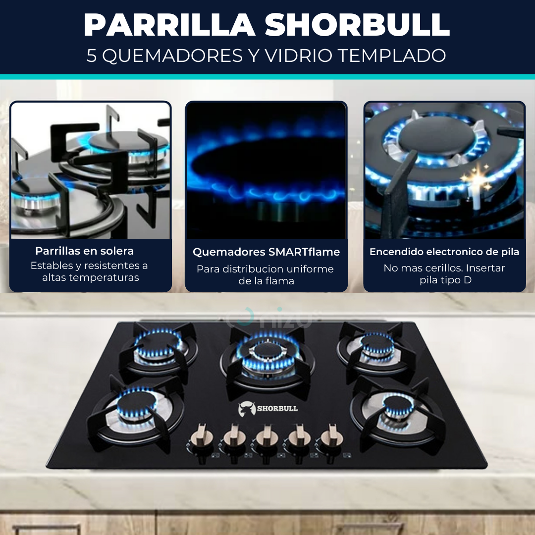 Parrilla 5 Quemadores Vidrio Shorbull